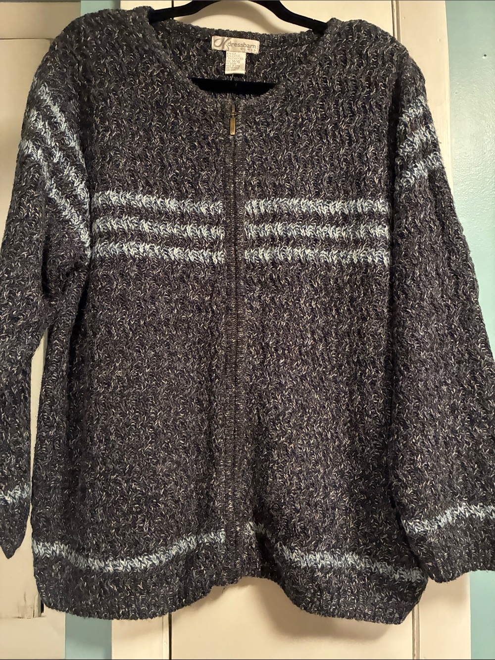 dressbarn Dark Gray Textured Zip Cardigan with Light Gray Stripes